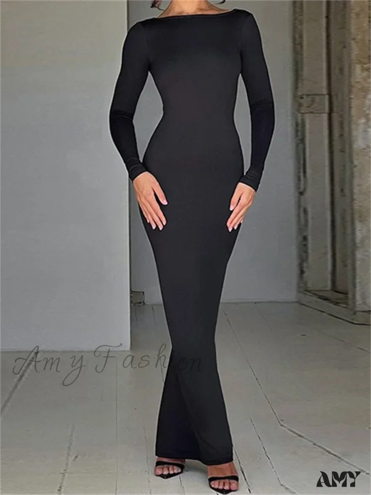 Amy Fashion - Women Sleeve Solid Color Round Neck Backless Ruched Spring Summer Party Female Vestidos