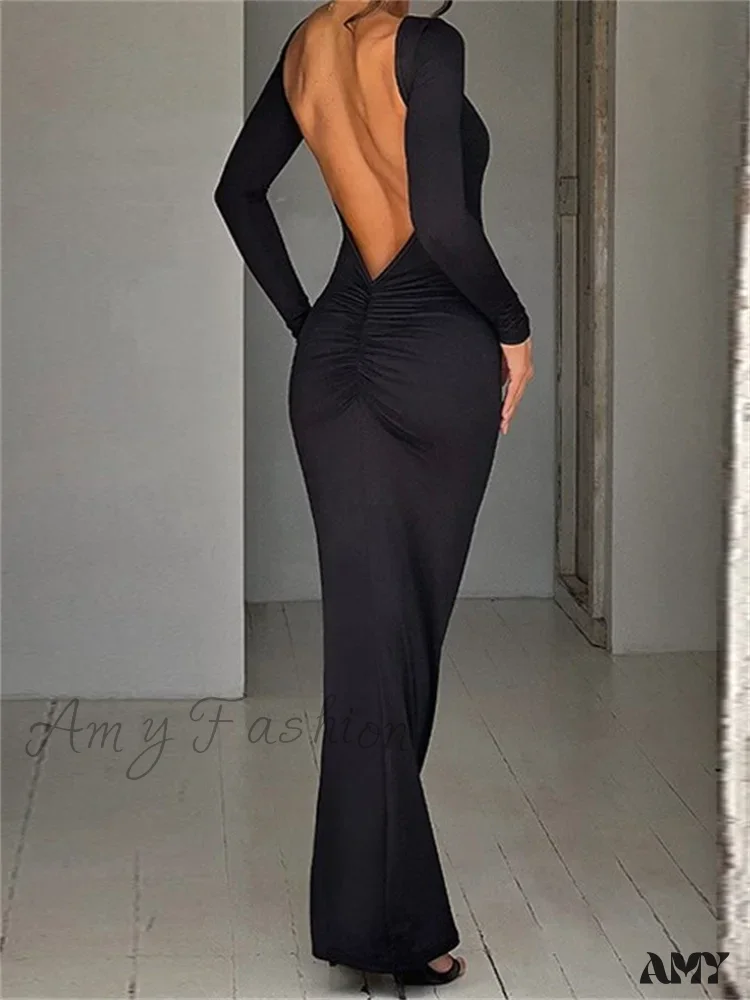 Amy Fashion - Women Sleeve Solid Color Round Neck Backless Ruched Spring Summer Party Female Vestidos - Image 3