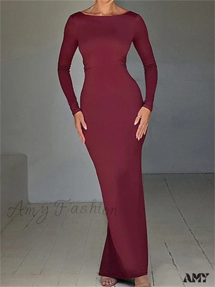 Amy Fashion - Women Sleeve Solid Color Round Neck Backless Ruched Spring Summer Party Female Vestidos - Image 4