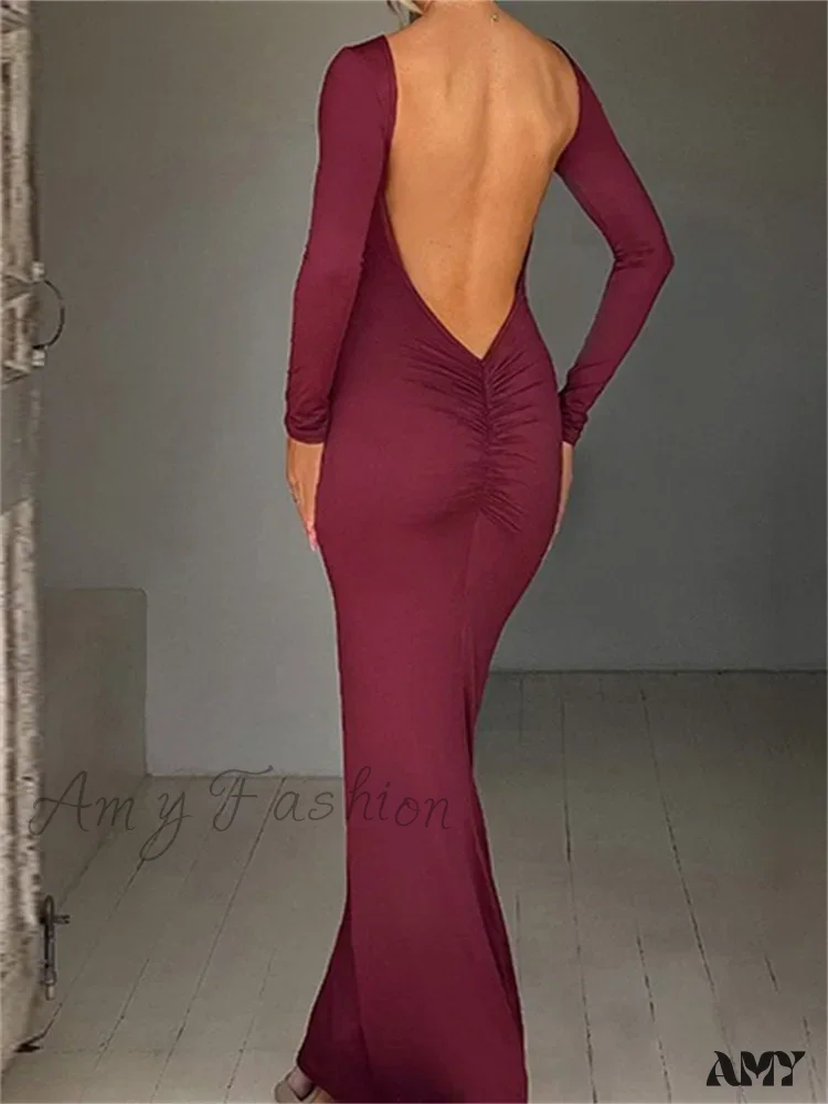 Amy Fashion - Women Sleeve Solid Color Round Neck Backless Ruched Spring Summer Party Female Vestidos - Image 5