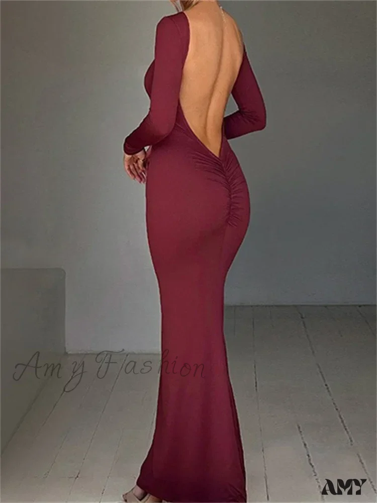 Amy Fashion - Women Sleeve Solid Color Round Neck Backless Ruched Spring Summer Party Female Vestidos - Image 6