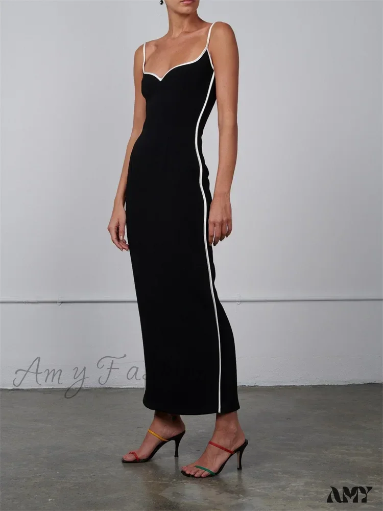 Amy Fashion - Women Sleeveless Strap  Black Patchwork V-neck Low Cut Slim Summer Party Back Split  Female Vestidos - Image 2