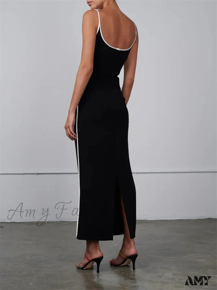 Amy Fashion - Women Sleeveless Strap  Black Patchwork V-neck Low Cut Slim Summer Party Back Split  Female Vestidos - Image 3