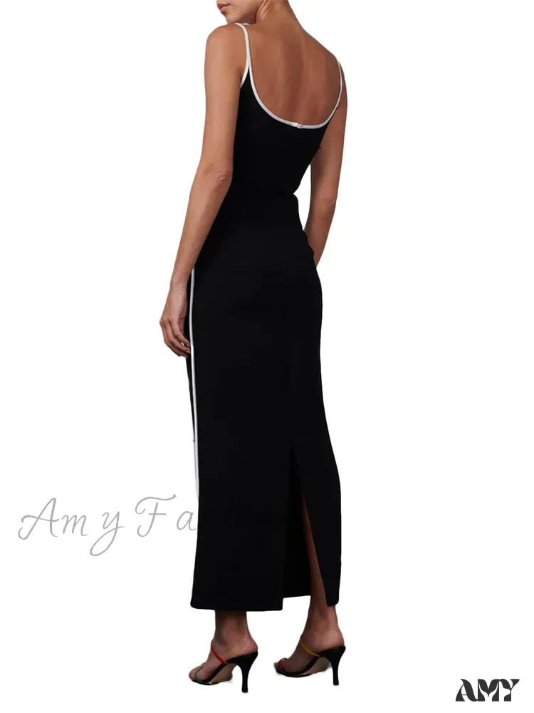 Amy Fashion - Women Sleeveless Strap  Black Patchwork V-neck Low Cut Slim Summer Party Back Split  Female Vestidos - Image 6