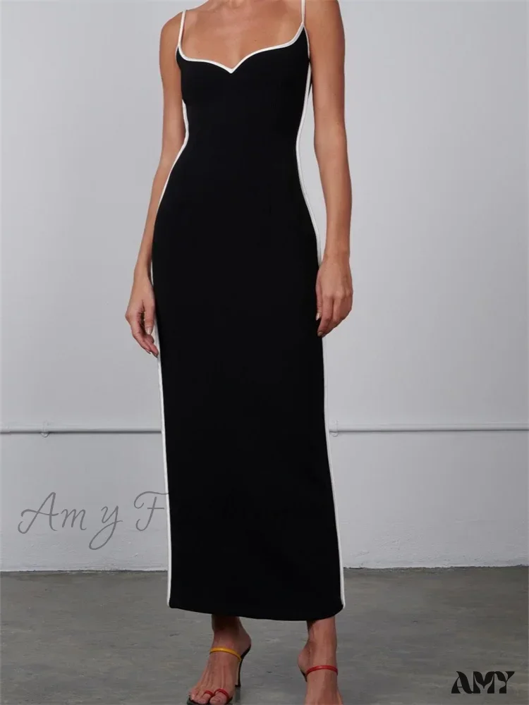 Amy Fashion - Women Sleeveless Strap  Black Patchwork V-neck Low Cut Slim Summer Party Back Split  Female Vestidos - Image 7