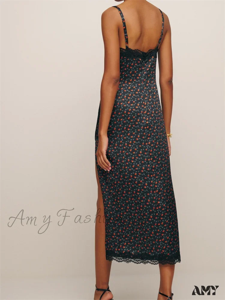Amy Fashion - Women Sleeveless Strap  Summer Lace Patchwork V Neck Backless Split Party Cocktail Beach Streetwear - Image 2
