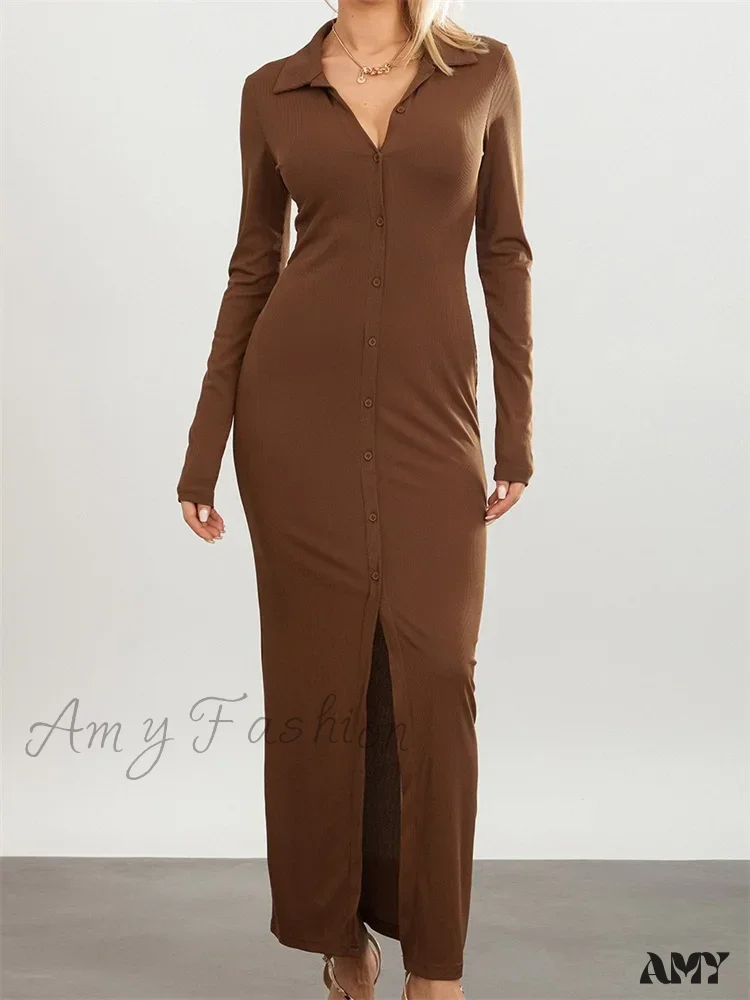 Amy Fashion - Women Slim Fit   Sleeve Button Down Turn Down Collar Evening for Spring Fall Female Vestidos