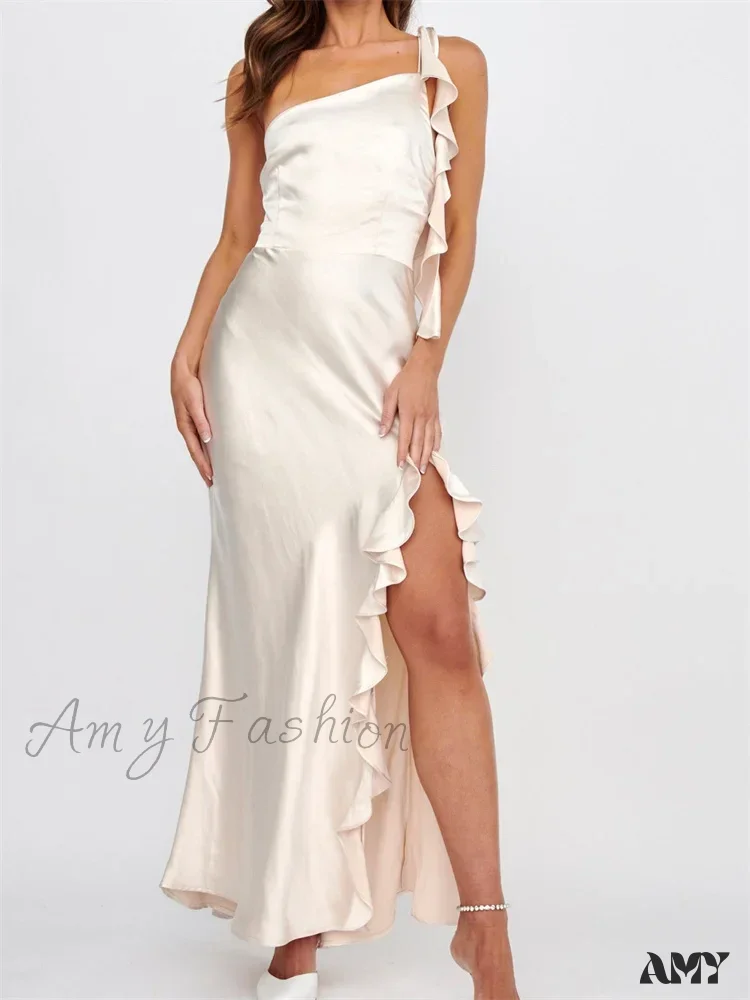 Amy Fashion - Women Summer Evening Sleeveless Strap Backless Off Shoulder High Split Ruffles Party Female Vestidos