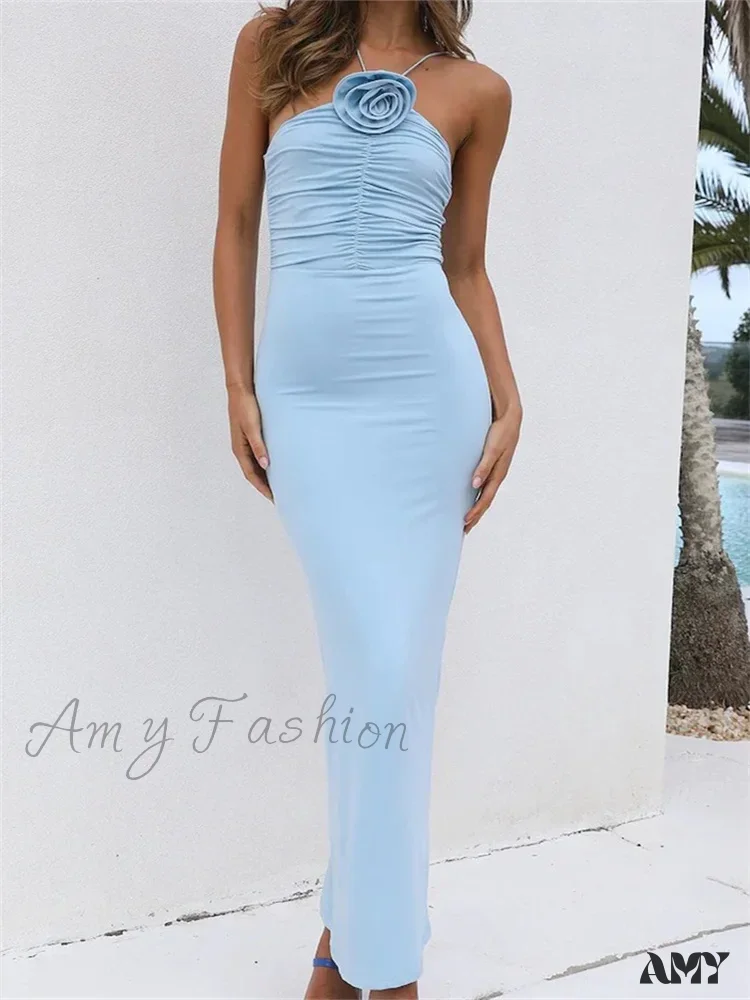 Amy Fashion - Women Summer Halter Beach  Solid 3D Flower Ruched Backless Sleeveless Off Shoulder Female Vestidos - Image 8