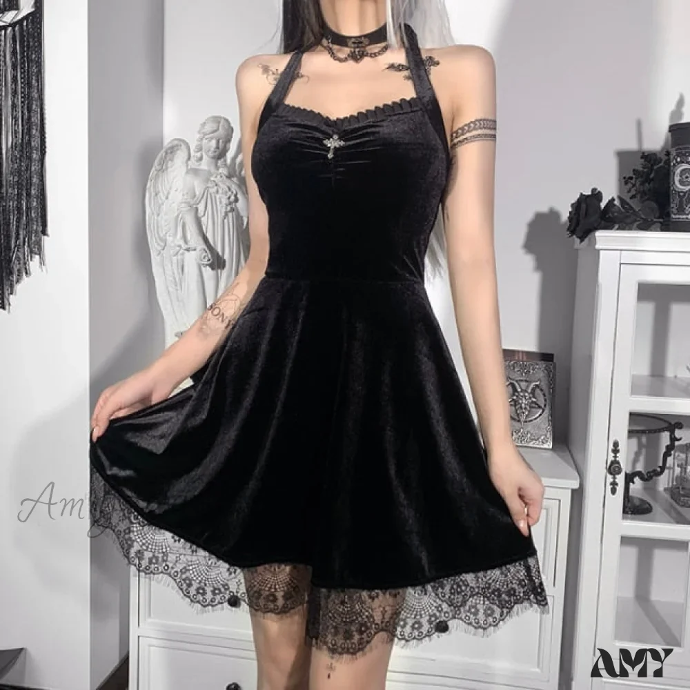 Amy Fashion - Aesthetics Lace Trim Velvet Ruffles Dresses - Image 3