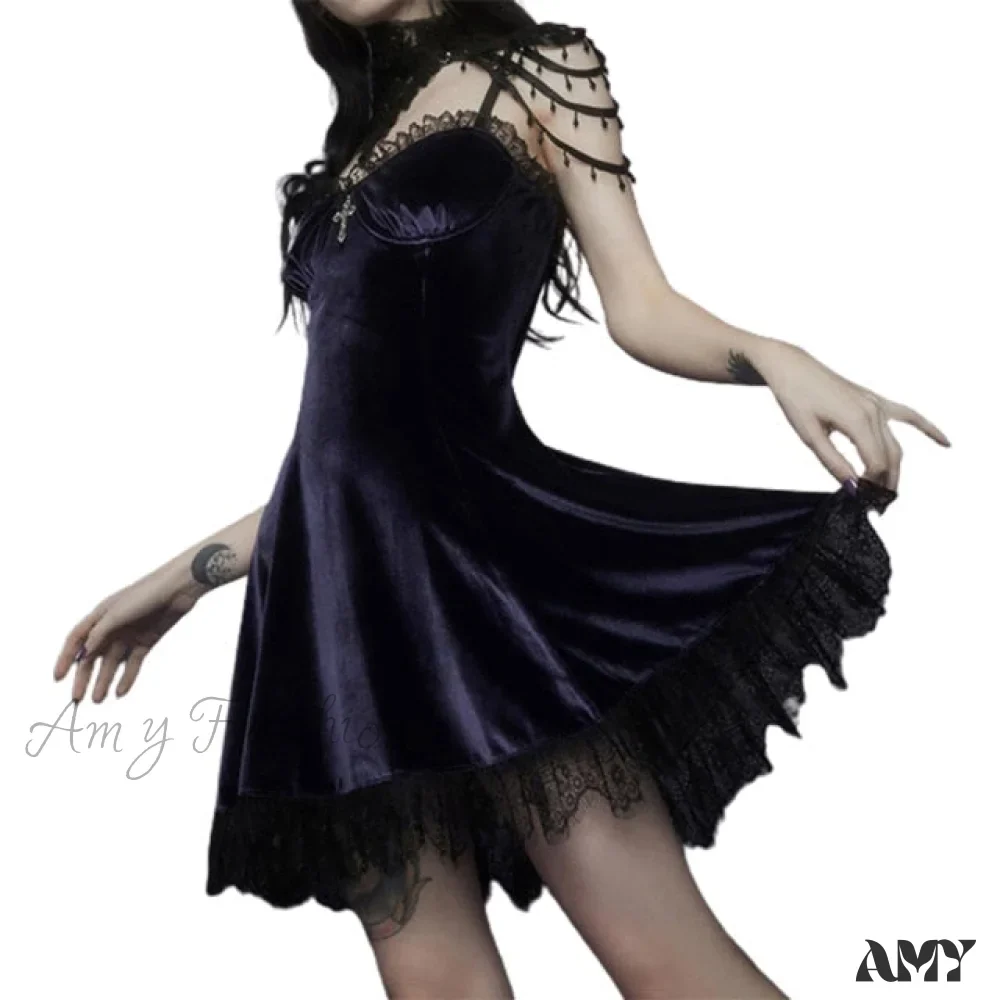 Amy Fashion - Aesthetics Lace Trim Velvet Ruffles Dresses - Image 5