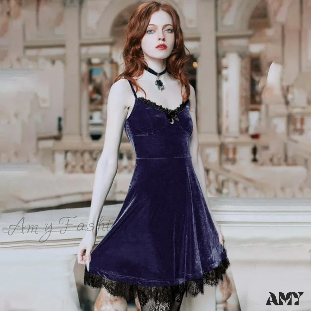 Amy Fashion - Aesthetics Lace Trim Velvet Ruffles Dresses - Image 8