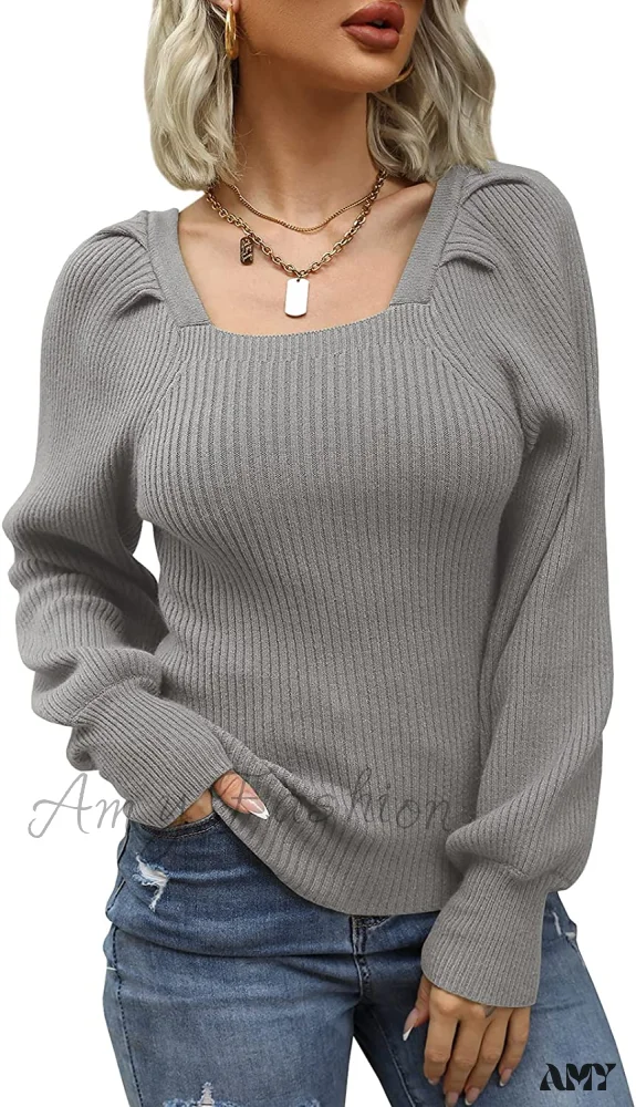 Amy Fashion - Women's Square Neck Long Lantern Sleeve Sweater - Image 10