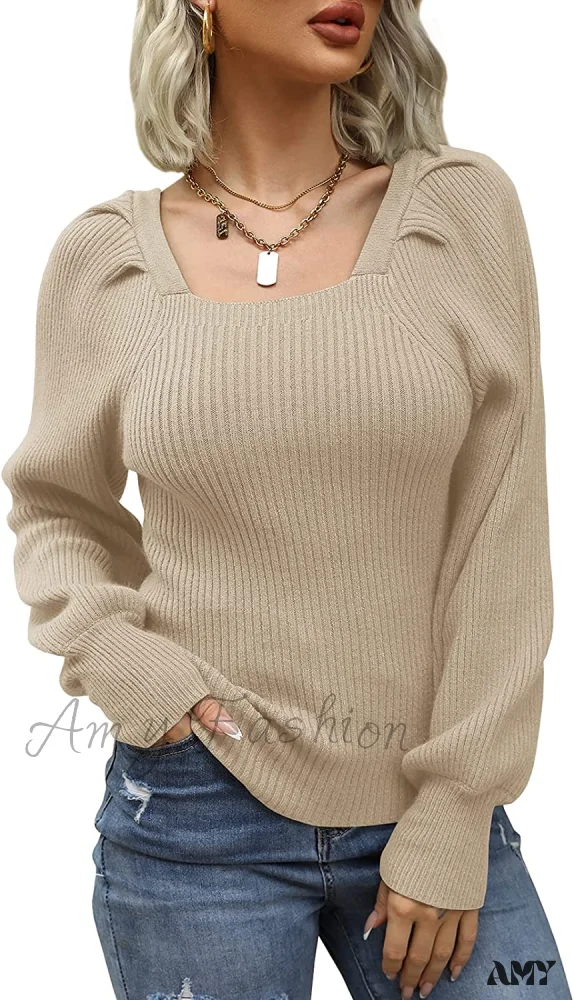 Amy Fashion - Women's Square Neck Long Lantern Sleeve Sweater - Image 11