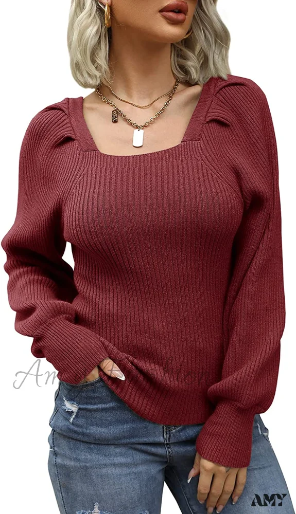 Amy Fashion - Women's Square Neck Long Lantern Sleeve Sweater - Image 12