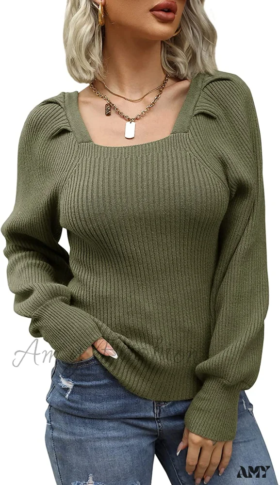 Amy Fashion - Women's Square Neck Long Lantern Sleeve Sweater - Image 3