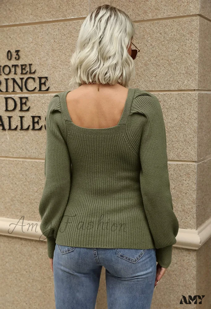 Amy Fashion - Women's Square Neck Long Lantern Sleeve Sweater - Image 4