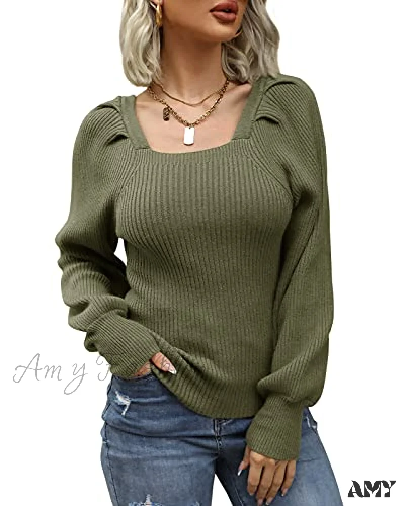 Amy Fashion - Women's Square Neck Long Lantern Sleeve Sweater - Image 5