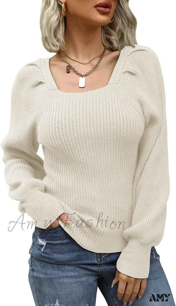 Amy Fashion - Women's Square Neck Long Lantern Sleeve Sweater - Image 6