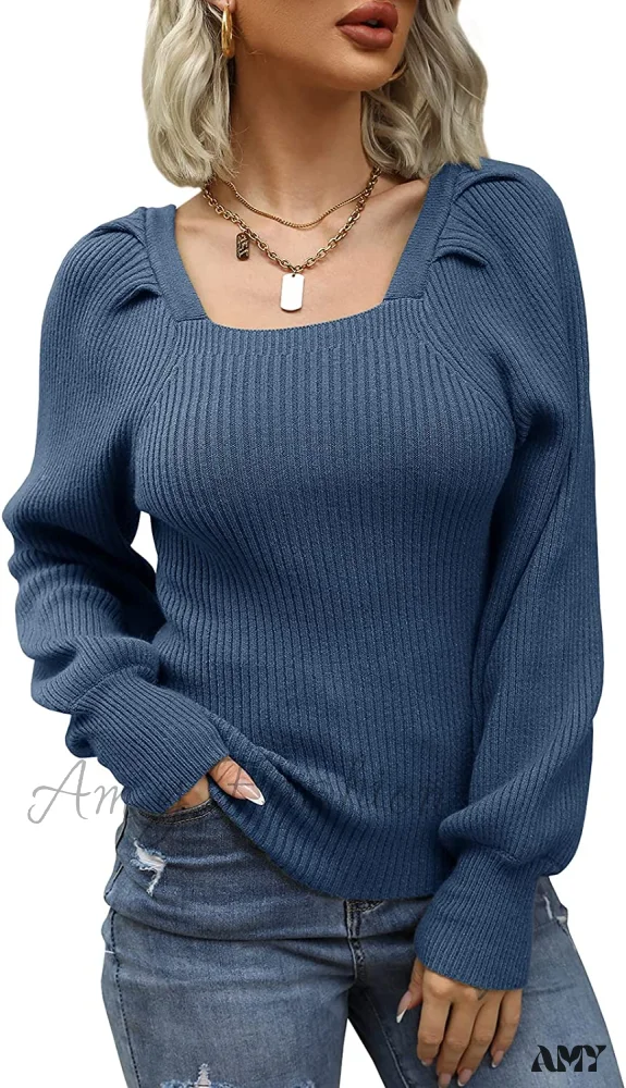 Amy Fashion - Women's Square Neck Long Lantern Sleeve Sweater - Image 7