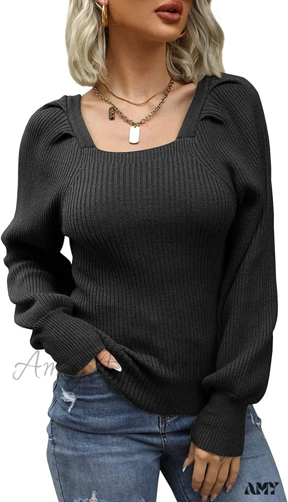 Amy Fashion - Women's Square Neck Long Lantern Sleeve Sweater - Image 9