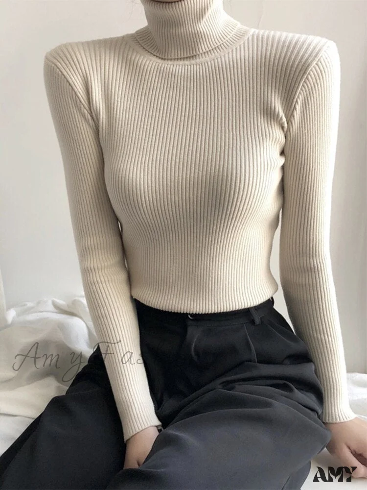 Amy Fashion - Pullover Turtleneck Solid Color Top