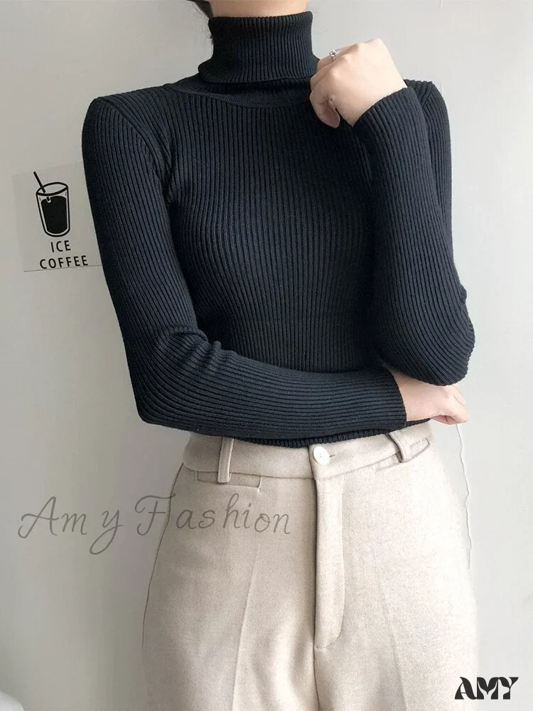 Amy Fashion - Pullover Turtleneck Solid Color Top - Image 2