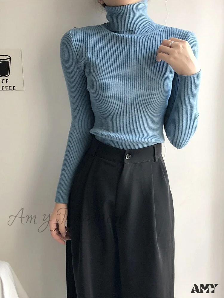Amy Fashion - Pullover Turtleneck Solid Color Top - Image 3