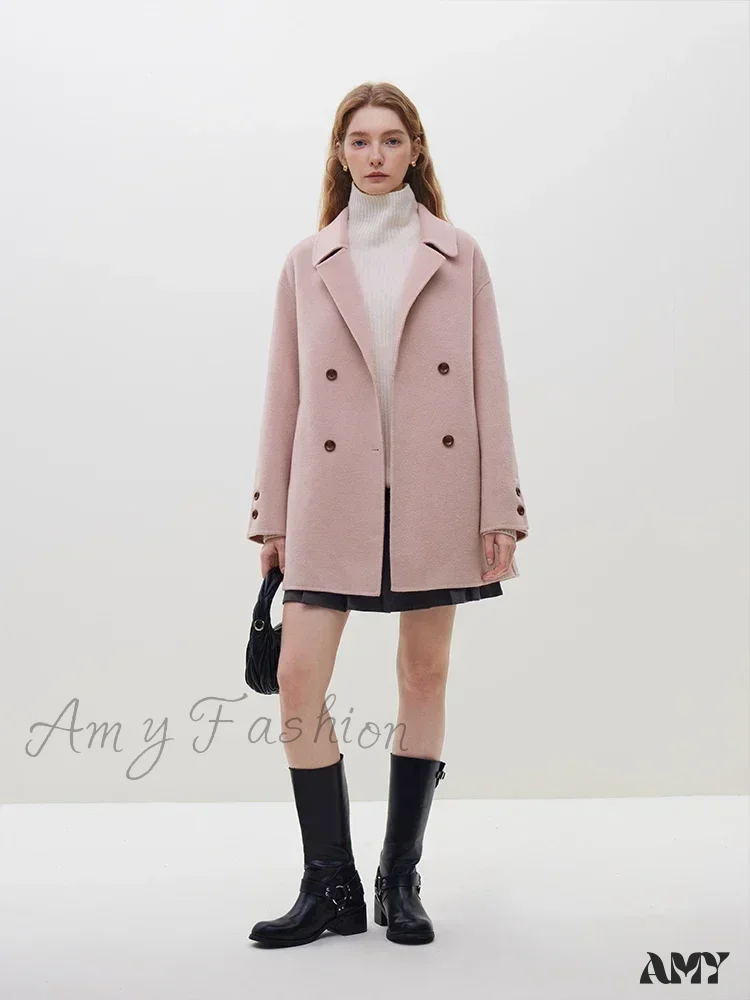 Wool Blazer Style Grey One Hand Long Double Breasted Belt Design Notched Collar Coat - Image 3