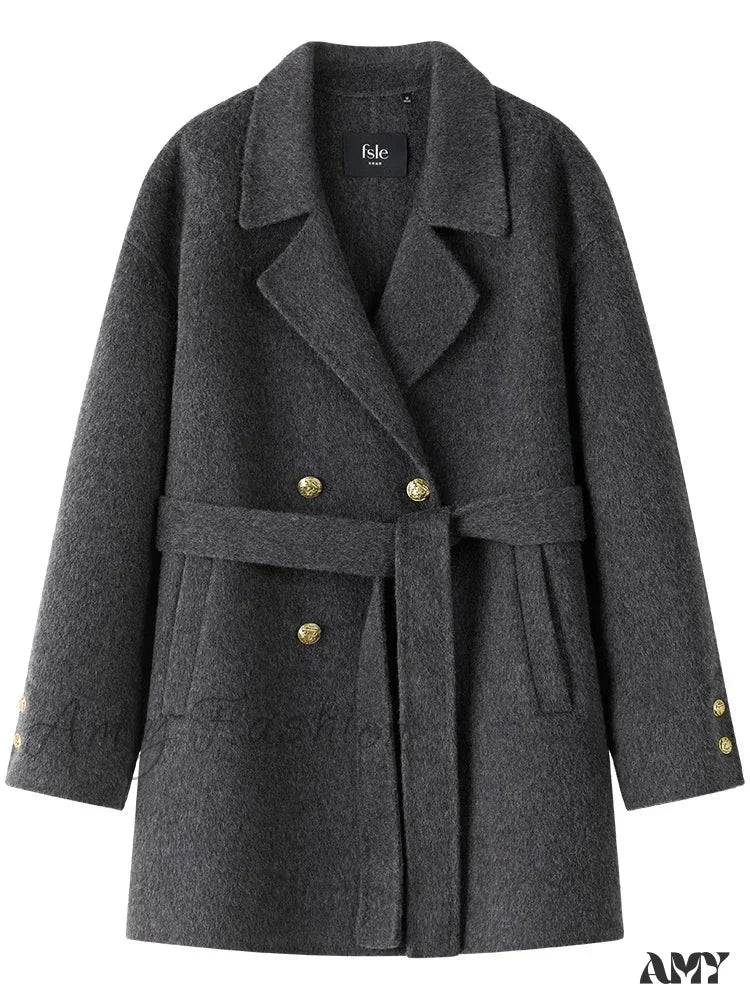 Wool Blazer Style Grey One Hand Long Double Breasted Belt Design Notched Collar Coat - Image 4