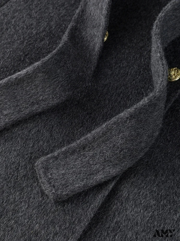 Wool Blazer Style Grey One Hand Long Double Breasted Belt Design Notched Collar Coat - Image 5