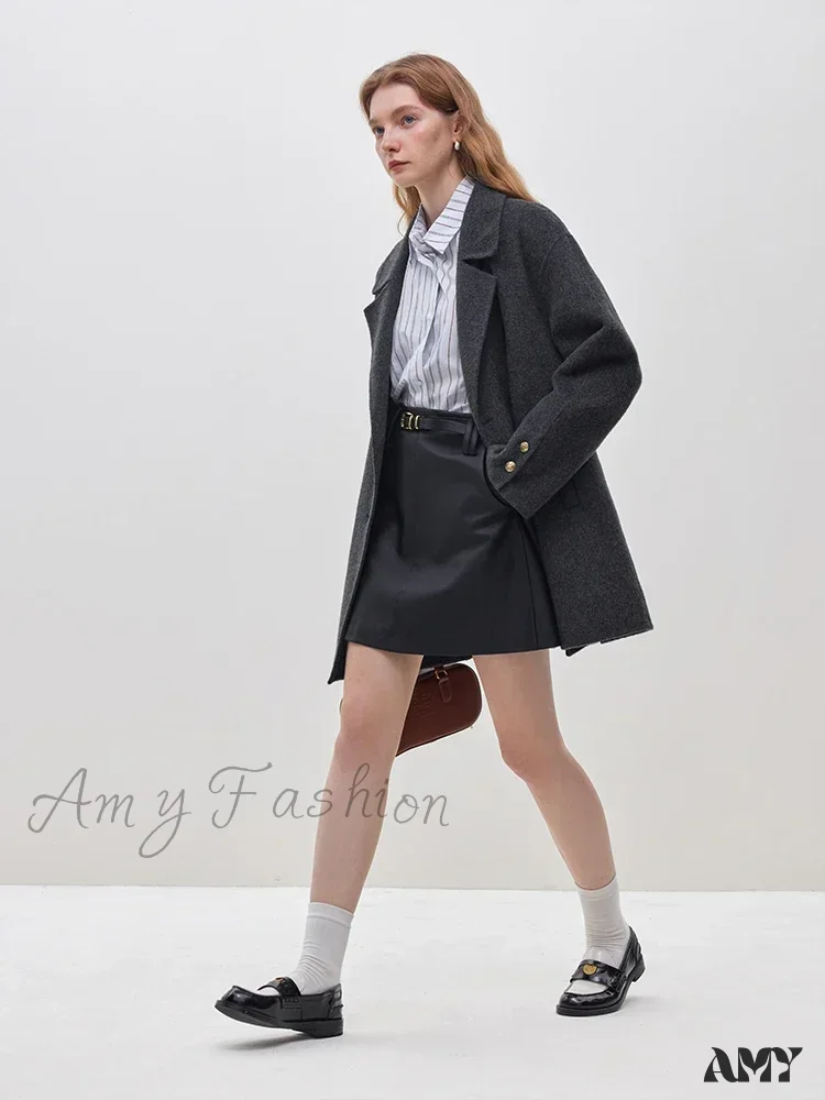 Wool Blazer Style Grey One Hand Long Double Breasted Belt Design Notched Collar Coat - Image 7