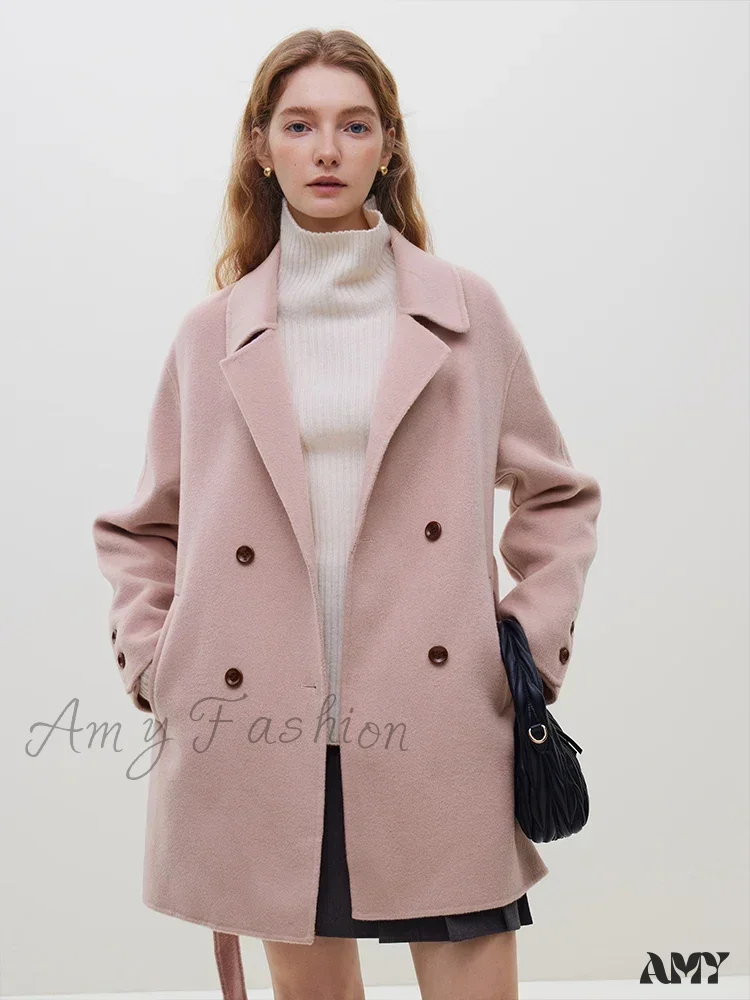 Wool Blazer Style Grey One Hand Long Double Breasted Belt Design Notched Collar Coat - Image 8