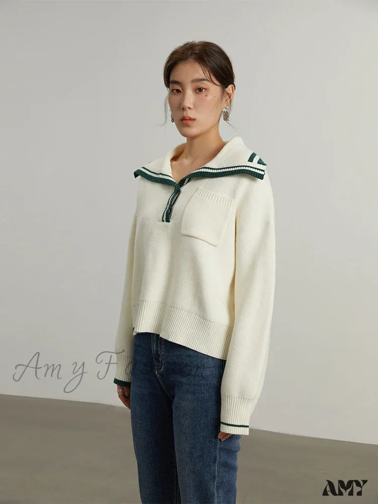 Wool Navy Collar Cropped Knit Casual Drop Sleeve Sweater - Image 2