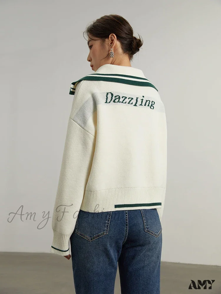 Wool Navy Collar Cropped Knit Casual Drop Sleeve Sweater - Image 3