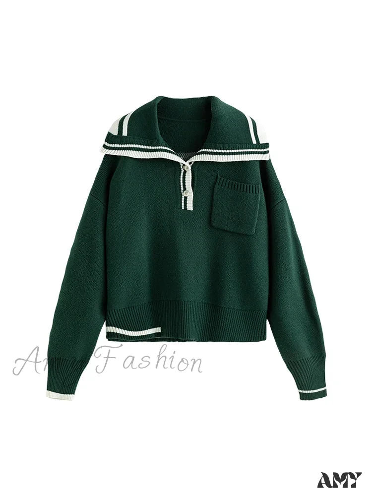 Wool Navy Collar Cropped Knit Casual Drop Sleeve Sweater - Image 4