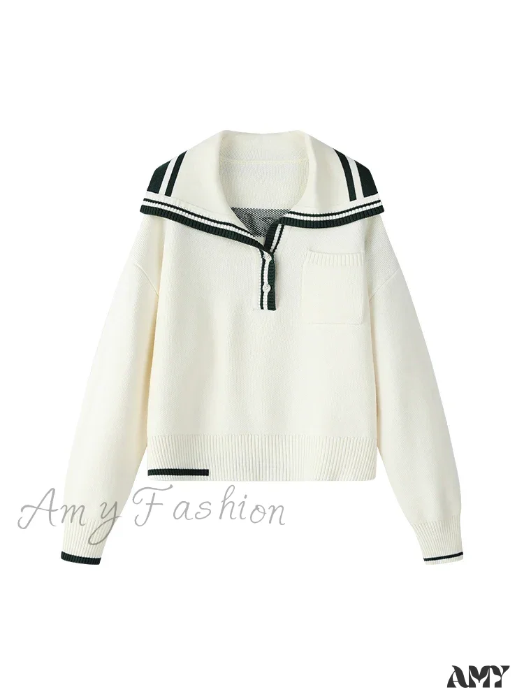 Wool Navy Collar Cropped Knit Casual Drop Sleeve Sweater - Image 5