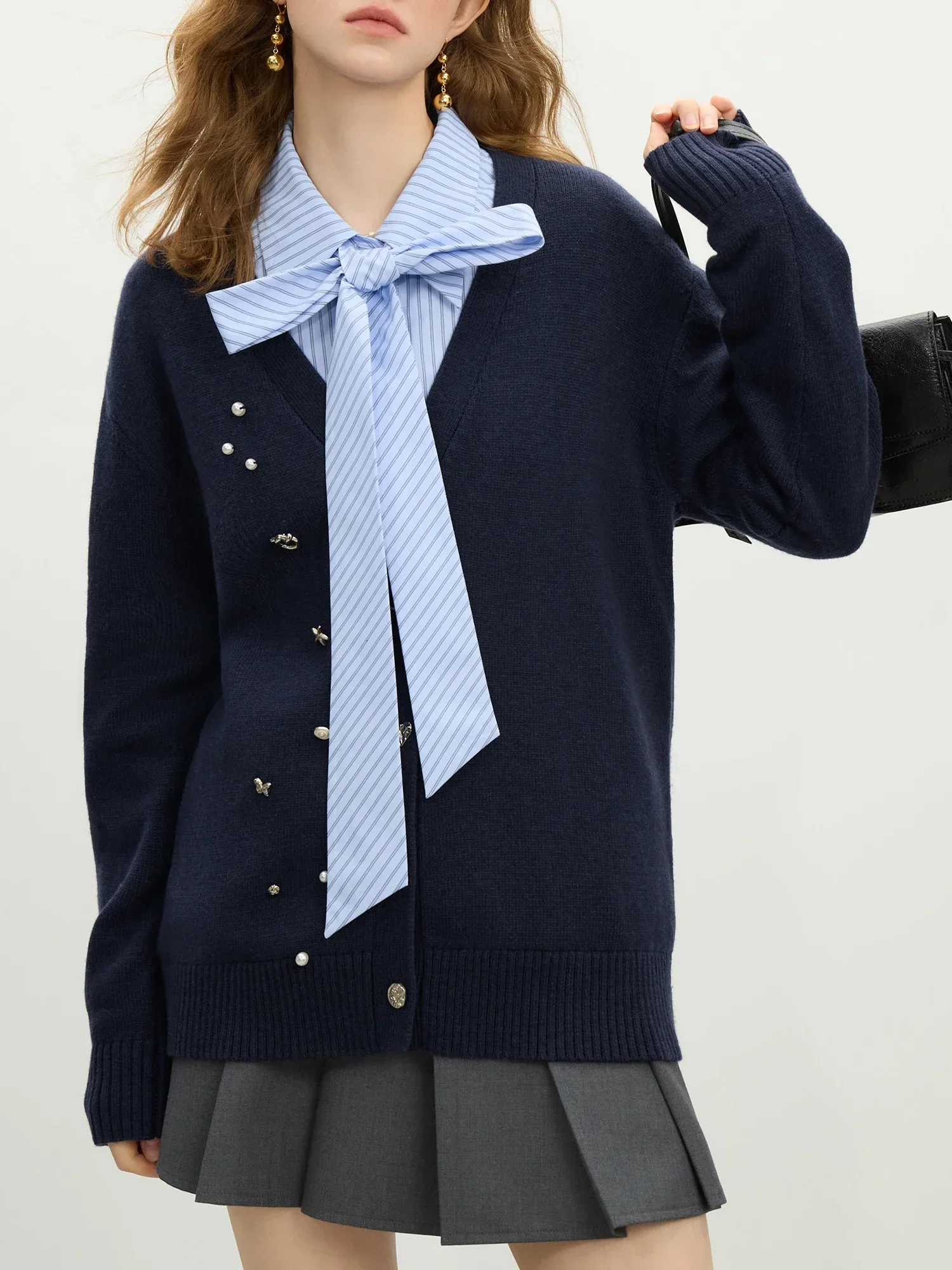 Wool Navy V-neck Beaded Knit Cardigan