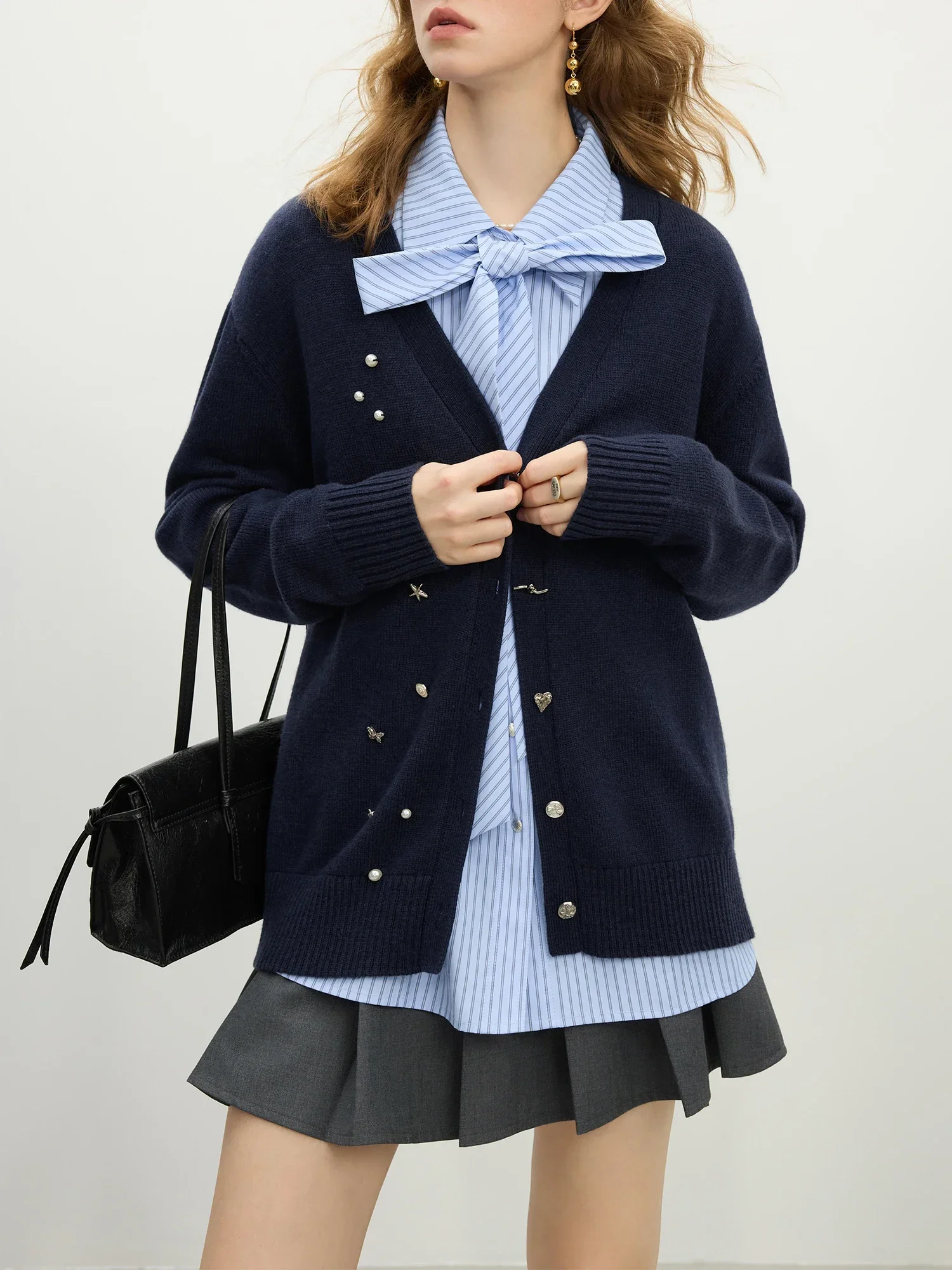 Wool Navy V-neck Beaded Knit Cardigan - Image 2