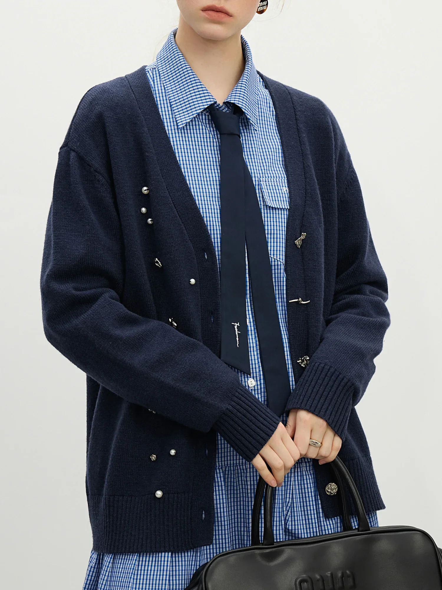 Wool Navy V-neck Beaded Knit Cardigan - Image 3