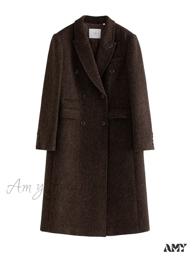 Wool Notched Collar Front Shoulder Coffee Color Double Breasted Long Coat - Image 3