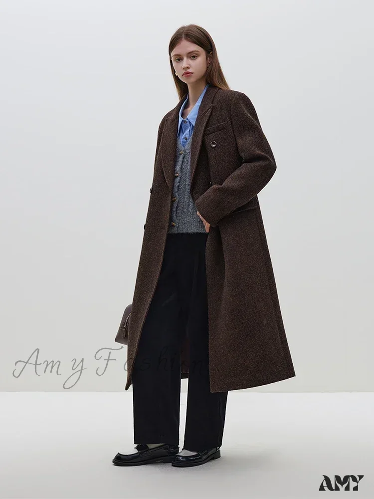 Wool Notched Collar Front Shoulder Coffee Color Double Breasted Long Coat - Image 5