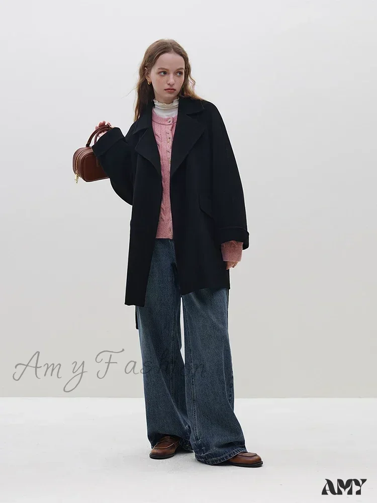 Wool One Hand Length Retro Red Raglan Sleeve Belt Design Mid-Length Coat - Image 3