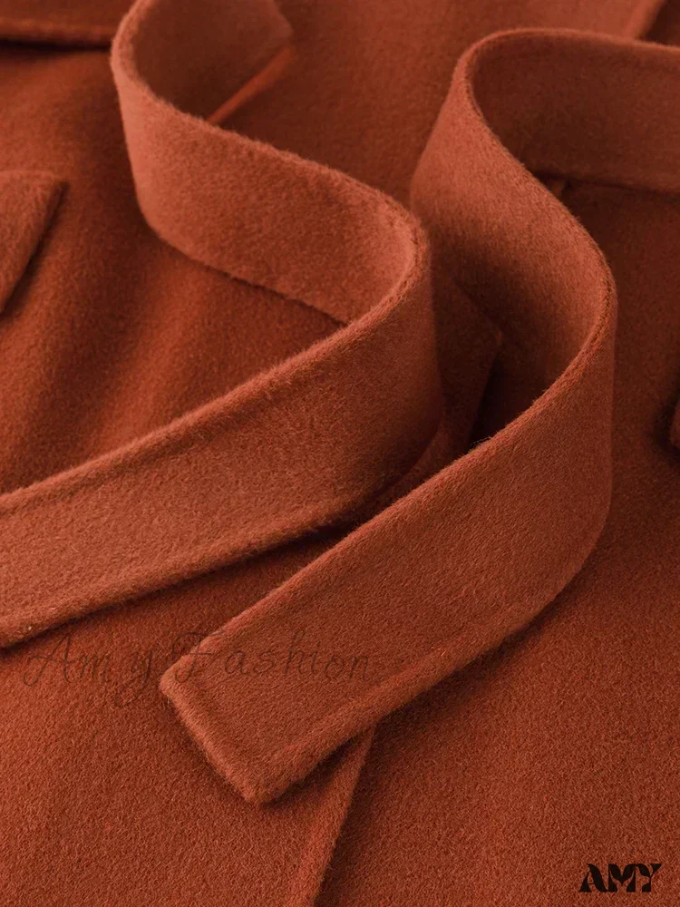 Wool One Hand Length Retro Red Raglan Sleeve Belt Design Mid-Length Coat - Image 4
