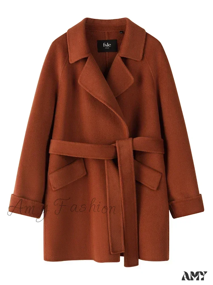 Wool One Hand Length Retro Red Raglan Sleeve Belt Design Mid-Length Coat - Image 5