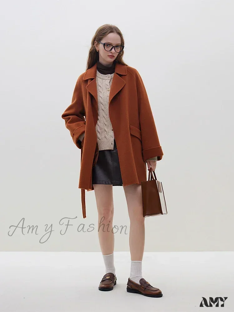 Wool One Hand Length Retro Red Raglan Sleeve Belt Design Mid-Length Coat - Image 8