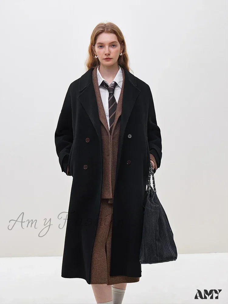 Wool Winter Notched Collar Belt Decoration Long Double Breasted Coat - Image 3