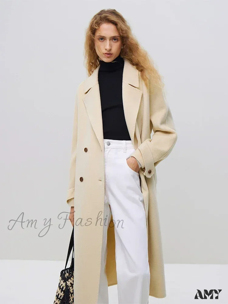 Wool Winter Notched Collar Belt Decoration Long Double Breasted Coat - Image 4
