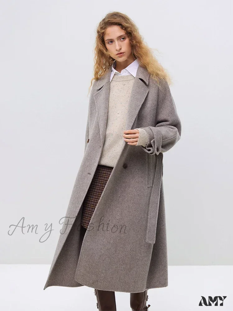 Wool Winter Notched Collar Belt Decoration Long Double Breasted Coat - Image 5