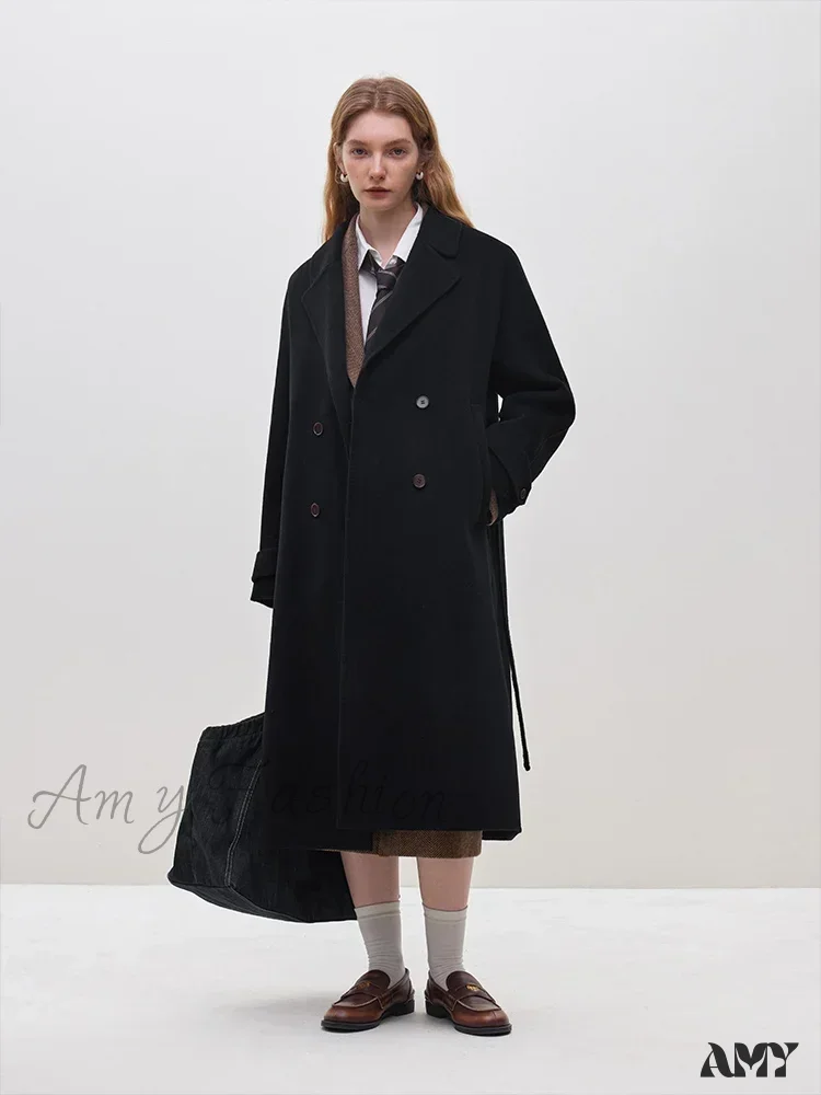Wool Winter Notched Collar Belt Decoration Long Double Breasted Coat - Image 6